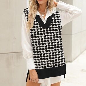Black and White Houndstooth V-Neck Sweater Vest